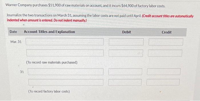 Varner Company Purchases 54 100 Of Raw Materials On Account And It Incurs 64 900 Of Factory Labor Costs Supporting R 2