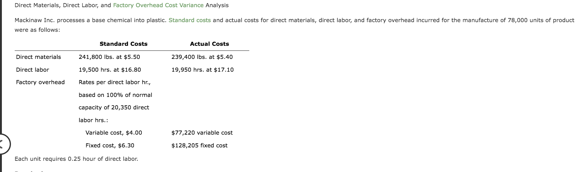 Direct Materials Direct Labor And Factory Overhead Cost Variance Analysis Mackinaw Inc Processes A Base Chemical Into 1