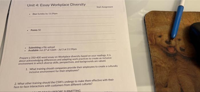 Unit 4 Essay Workplace Diversity Due Sunday By 11 59pm Points 50 Submitting A File Upload Available Jun 27 At 12am Ju 1