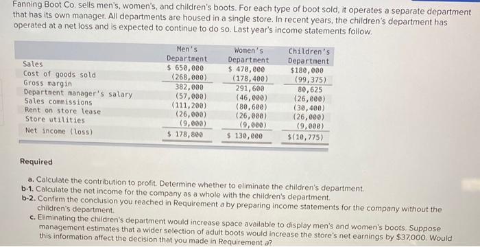 Fanning Boot Co Sells Men S Women S And Children S Boots For Each Type Of Boot Sold It Operates A Separate Departme 1
