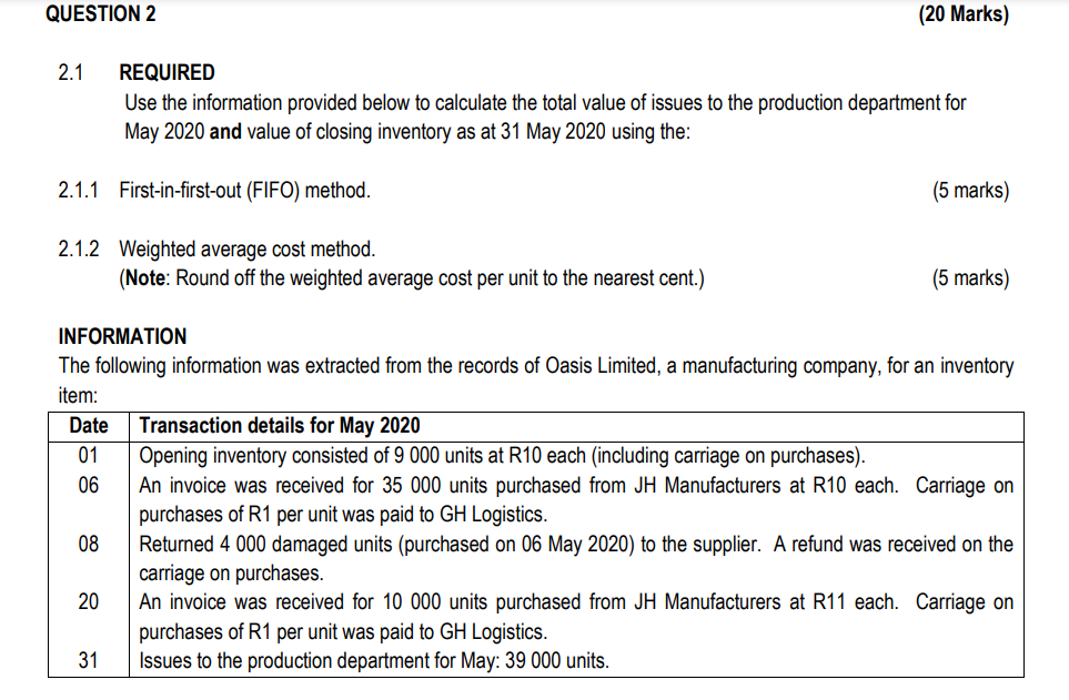 Question 2 2 1 Required Use The Information Provided Below To Calculate The Total Value Of Issues To The Production Depa 1