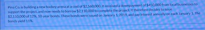 Pina Co Is Building A New Hockey Arena At A Cost Of 2 560 000 It Received A Downpayment Of 450 000 From Local Busine 1