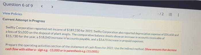 Question 6 Of 9 View Policies Current Attempt In Progress 2 1 Swifty Corporation Reported Net Income Of 189 230 F 1