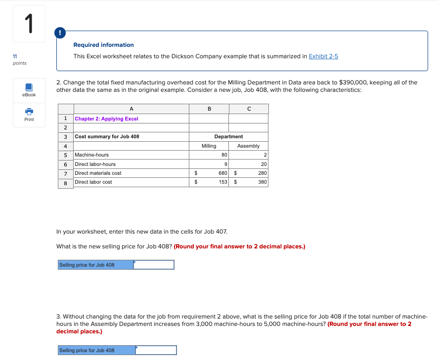 1 11 Points Ebook Print 2 Change The Total Fixed Manufacturing Overhead Cost For The Milling Department In Data Area Ba 1