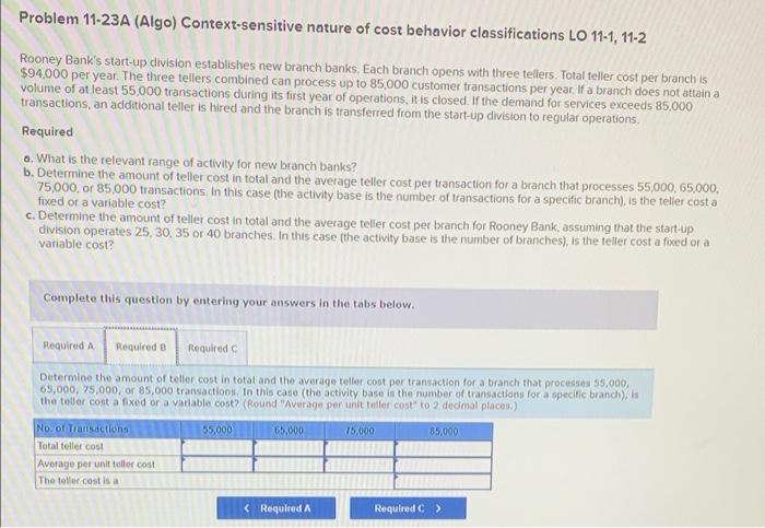 Problem 11 23a Algo Context Sensitive Nature Of Cost Behavior Classifications Lo 11 1 11 2 Rooney Bank S Start Up Div 2