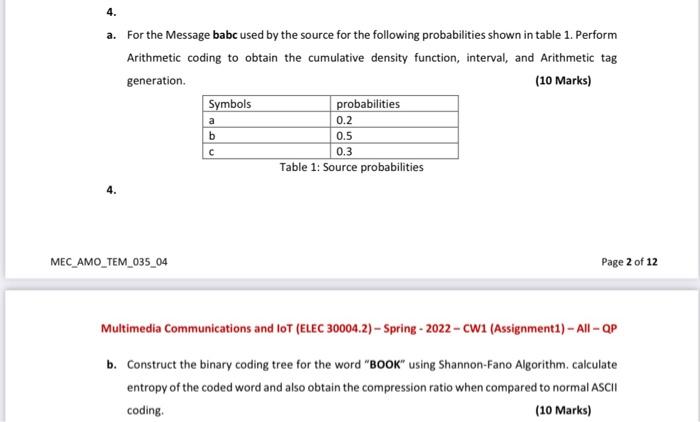 4 A For The Message Babc Used By The Source For The Following Probabilities Shown In Table 1 Perform Arithmetic Codin 1