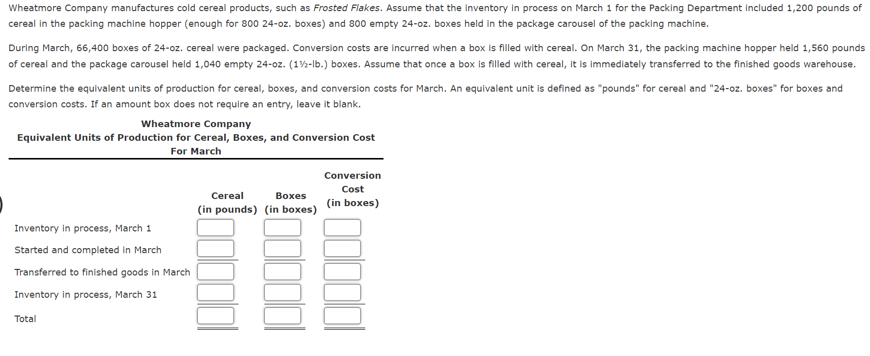 Wheatmore Company Manufactures Cold Cereal Products Such As Frosted Flakes Assume That The Inventory In Process On Mar 1