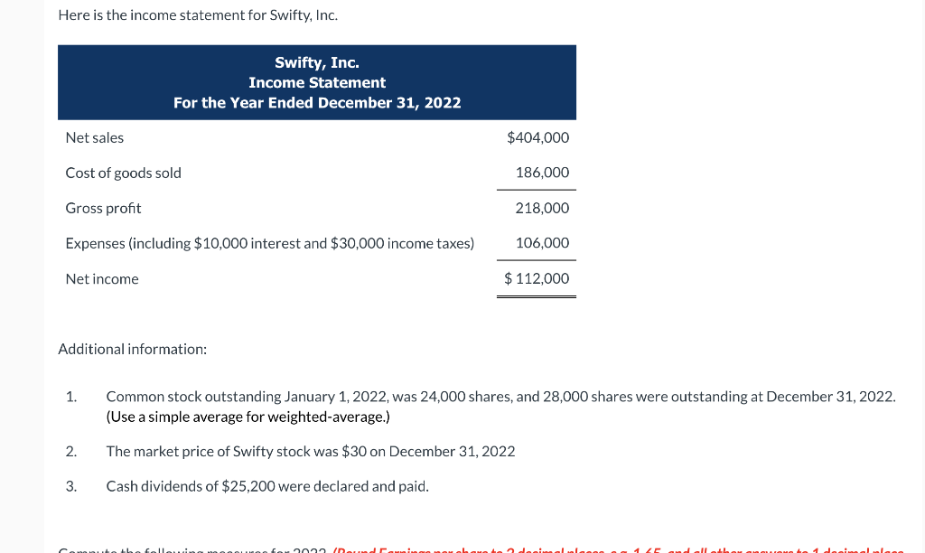 Here Is The Income Statement For Swifty Inc Net Sales Cost Of Goods Sold Gross Profit Expenses Including 10 000 Inte 1