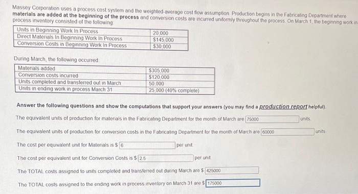 Massey Corporation Uses A Process Cost System And The Weighted Average Cost Flow Assumption Production Begins In The Fab 1