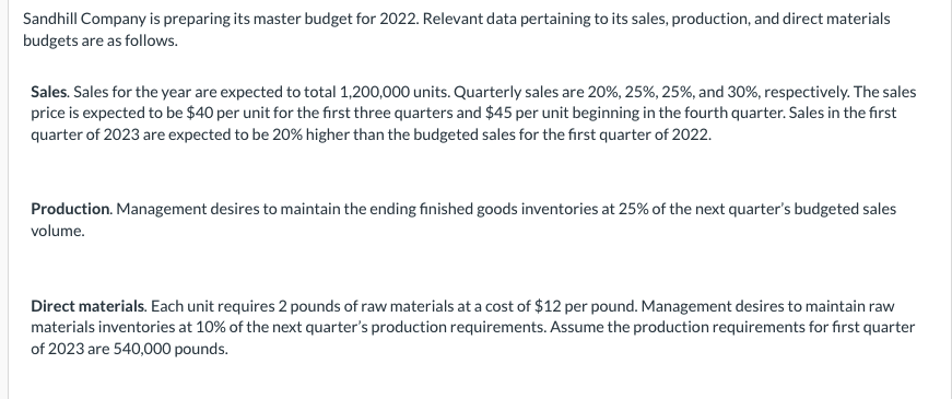 Sandhill Company Is Preparing Its Master Budget For 2022 Relevant Data Pertaining To Its Sales Production And Direct 1