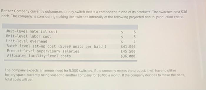 Benitez Company Currently Outsources A Relay Switch That Is A Component In One Of Its Products The Switches Cost 36 Ea 1