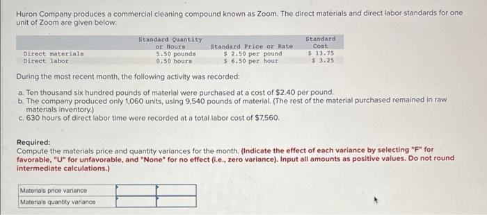 Huron Company Produces A Commercial Cleaning Compound Known As Zoom The Direct Materials And Direct Labor Standards For 1