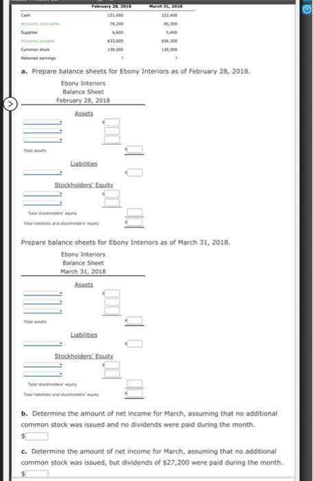 Accountable Common Stock Tot Assets February 28 2018 131 000 Liabilities A Prepare Balance Sheets For Ebony Interiors 1