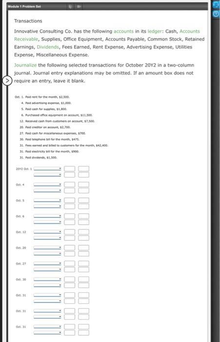 Module 1 Problem Set Transactions Innovative Consulting Co Has The Following Accounts In Its Ledger Cash Accounts Rec 1