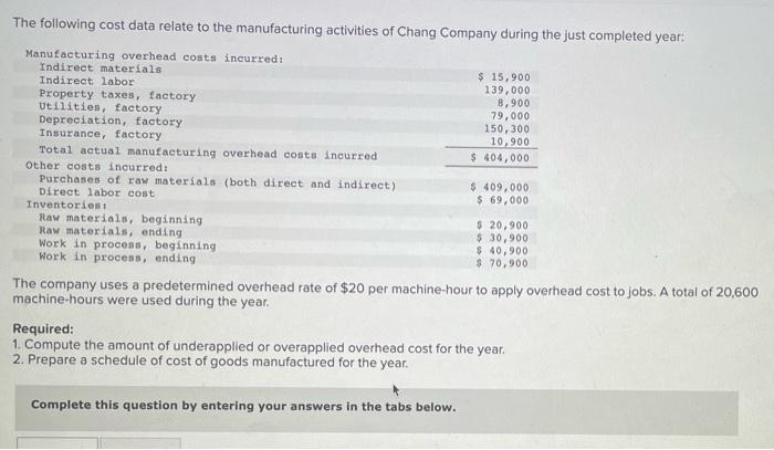 The Following Cost Data Relate To The Manufacturing Activities Of Chang Company During The Just Completed Year Manufact 1