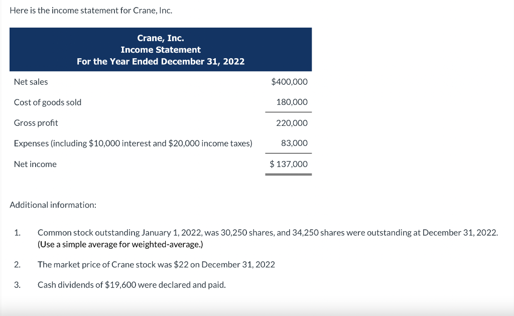 Here Is The Income Statement For Crane Inc Net Sales Cost Of Goods Sold Gross Profit Expenses Including 10 000 Inter 1