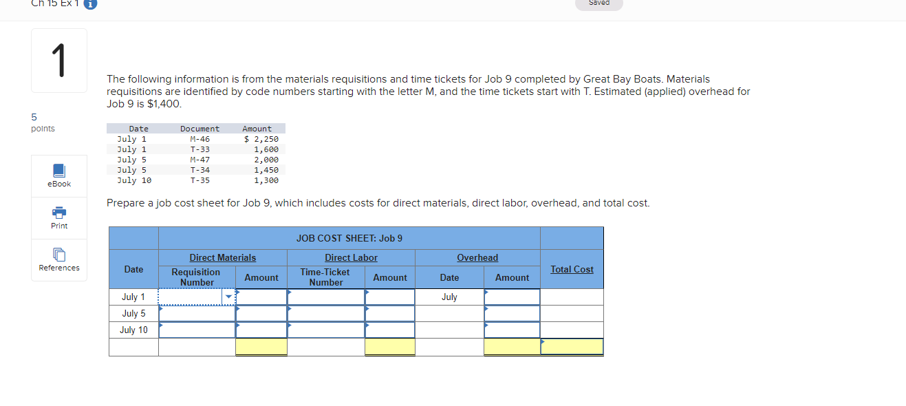 Ch 15 Ex 1 1 5 Points Ebook Print References The Following Information Is From The Materials Requisitions And Time Ticke 1