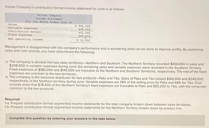 Vulcan Company S Contribution Format Income Statement For June Is As Follows Vulcan Company Income Statement For The Mo 1