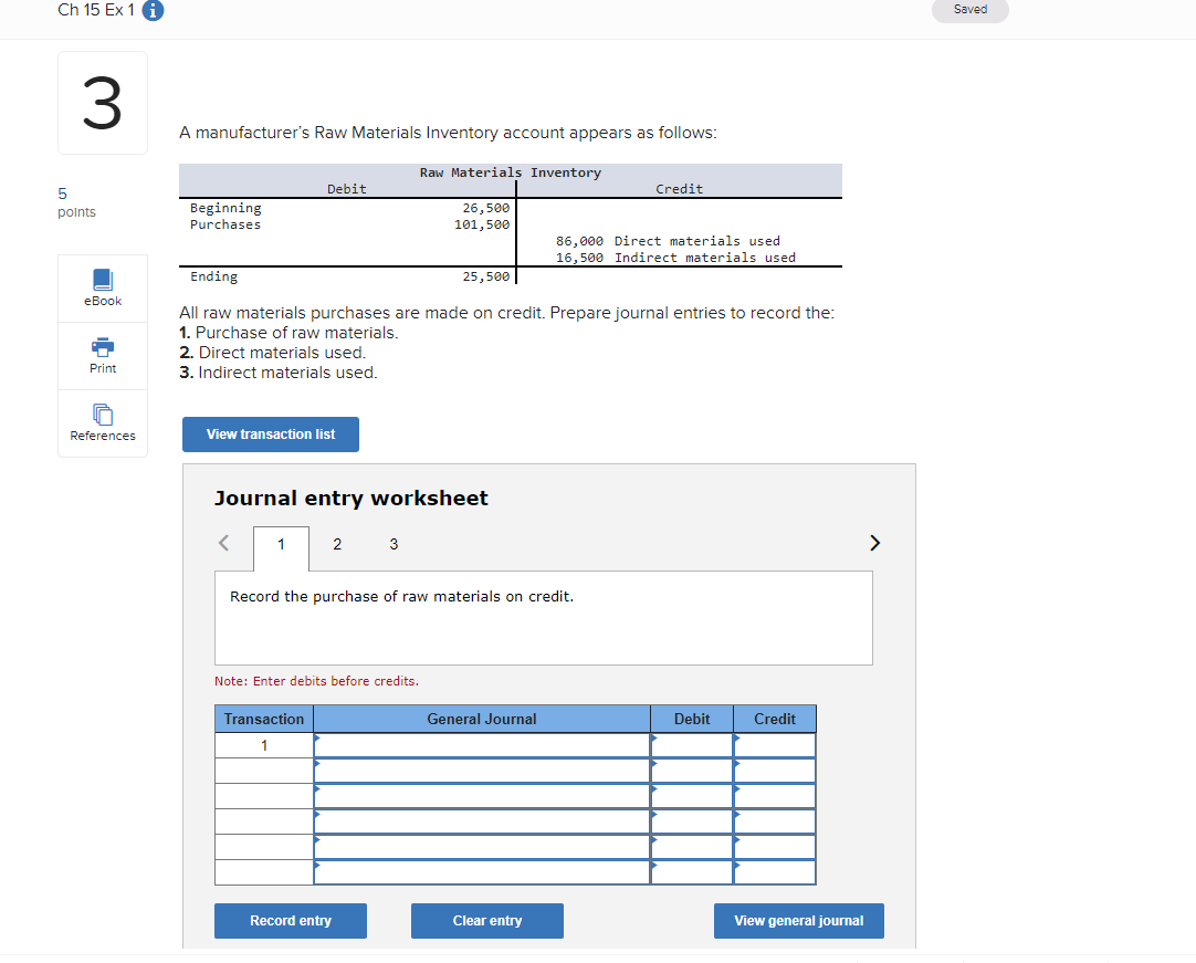 Ch 15 Ex 1 I 3 5 Points Ebook Print References A Manufacturer S Raw Materials Inventory Account Appears As Follows Raw 1