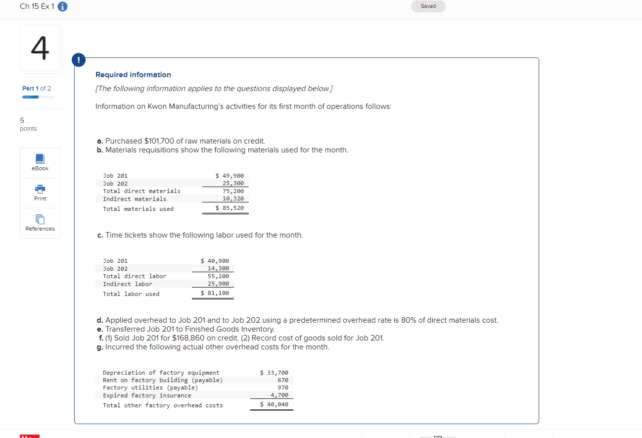 Ch 15 Ex 1 I 4 Part 1 Of 2 5 Points Ebook Print References Required Information The Following Information Applies To 1