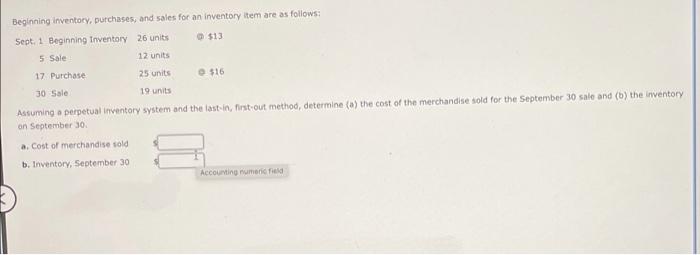 Beginning Inventory Purchases And Sales For An Inventory Item Are As Follows Sept 1 Beginning Inventory 26 Units 1 1