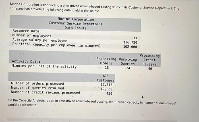 Morine Corporation Is Conducting A Time Driven Activity Based Costing Study In Its Customer Service Department The Comp 1