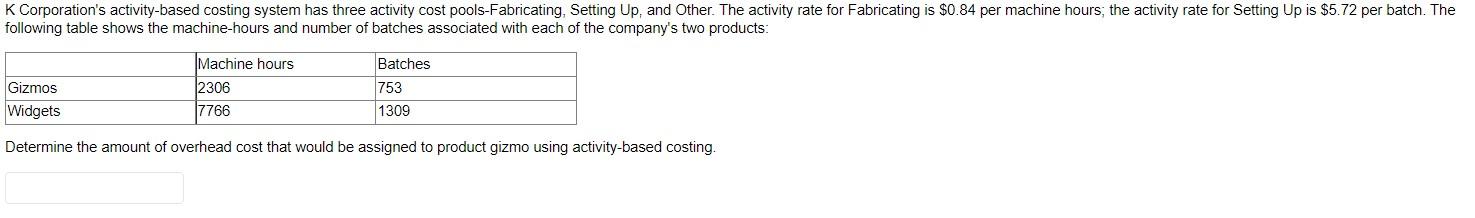 K Corporation S Activity Based Costing System Has Three Activity Cost Pools Fabricating Setting Up And Other The Acti 1