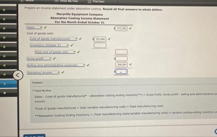 Ebook Show Me How Absorption Costing Income Statement On October 31 The End Of The First Month Of Operations Maryville 2