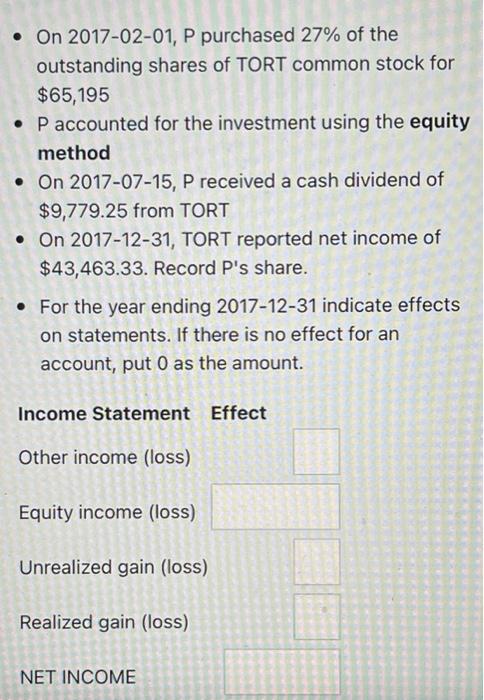 On 2017 02 01 P Purchased 27 Of The Outstanding Shares Of Tort Common Stock For 65 195 P Accounted For The Investment 1