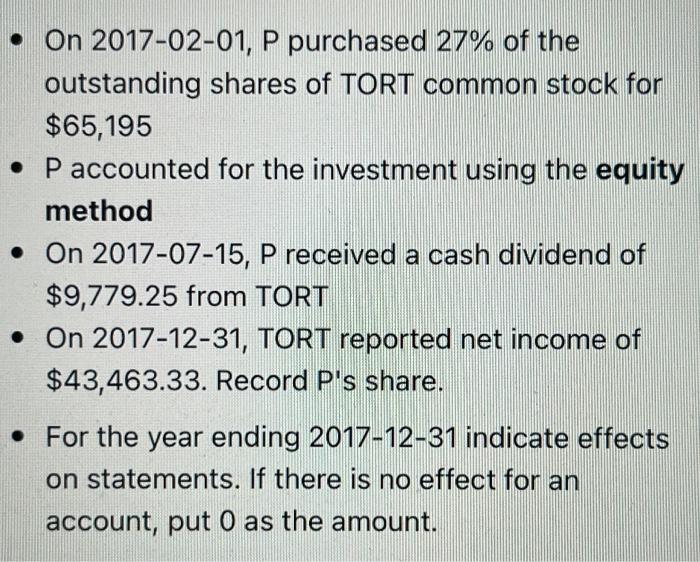 On 2017 02 01 P Purchased 27 Of The Outstanding Shares Of Tort Common Stock For 65 195 P Accounted For The Invest 1