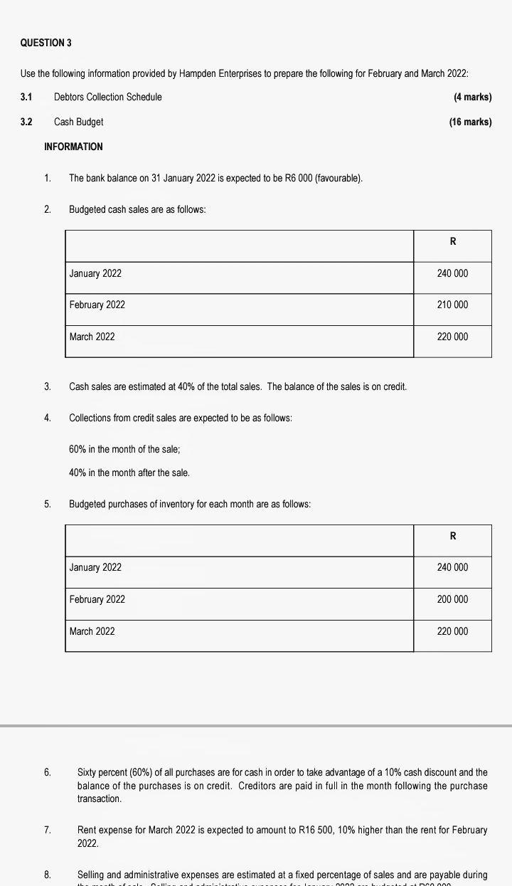 Question 3 Use The Following Information Provided By Hampden Enterprises To Prepare The Following For February And March 1