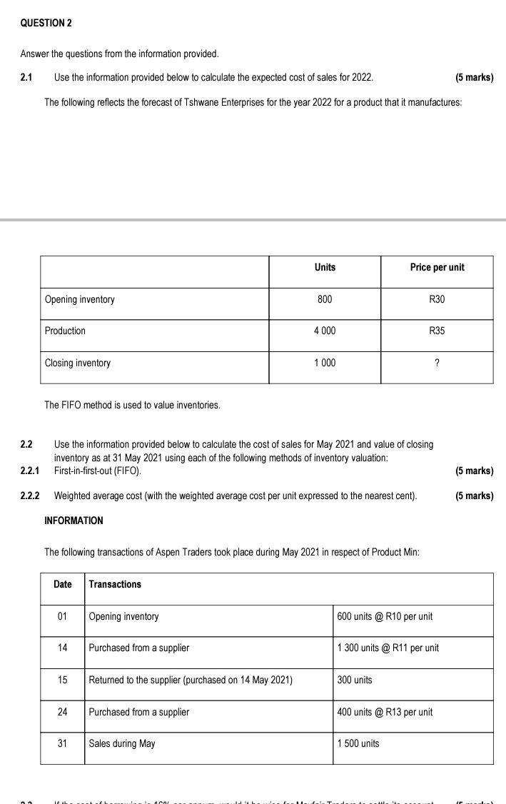 Question 2 Answer The Questions From The Information Provided 2 1 2 2 2 2 1 2 2 2 Use The Information Provided Below To 1