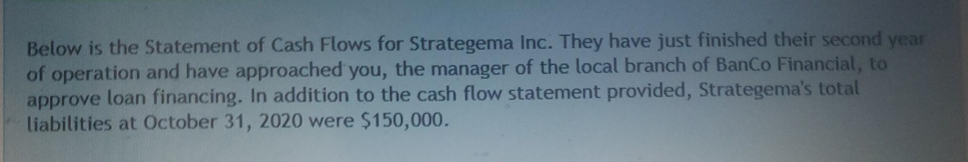 Below Is The Statement Of Cash Flows For Strategema Inc They Have Just Finished Their Second Year Of Operation And Have 1