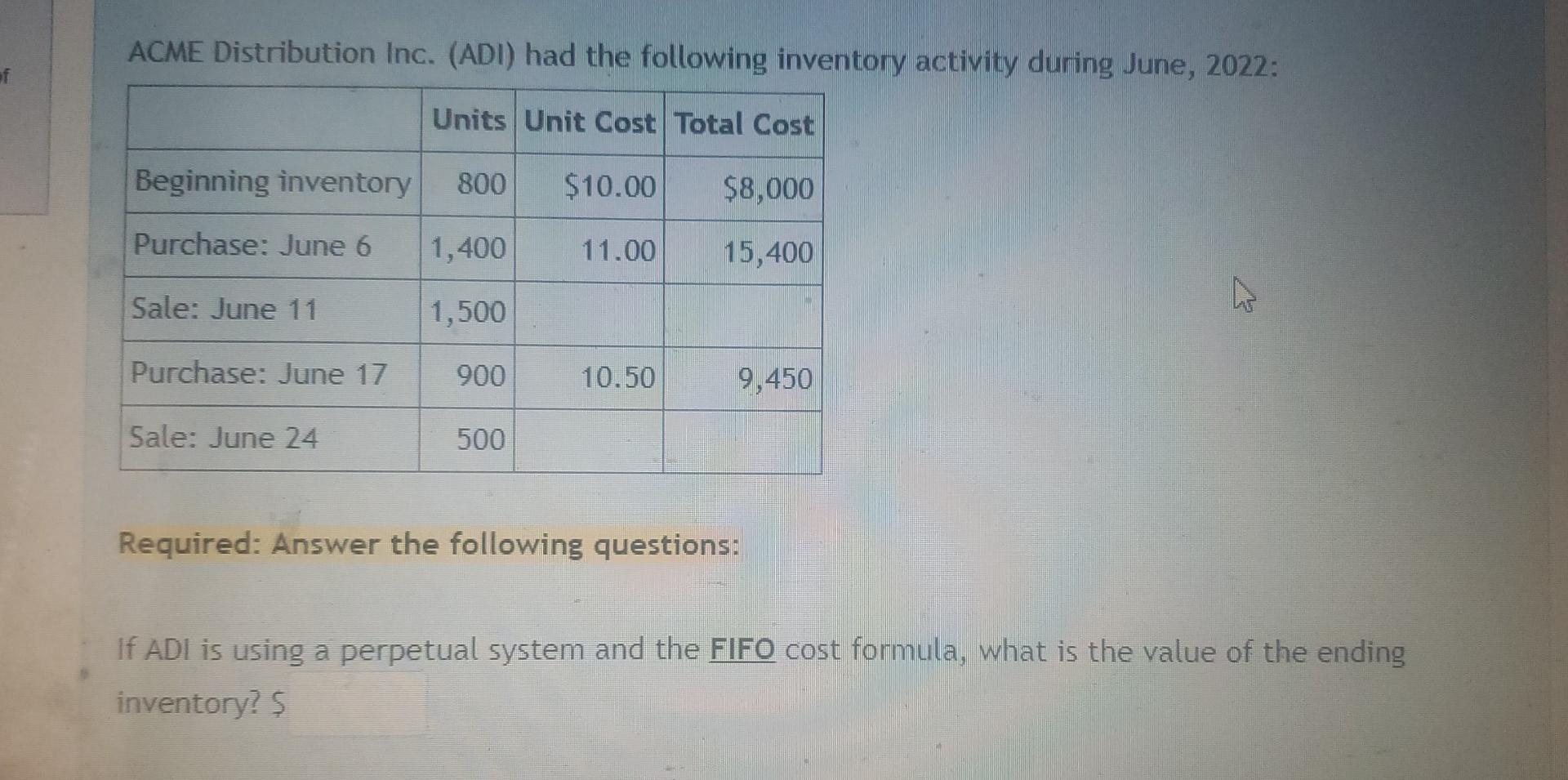 Of Acme Distribution Inc Adi Had The Following Inventory Activity During June 2022 Units Unit Cost Total Cost Begin 1