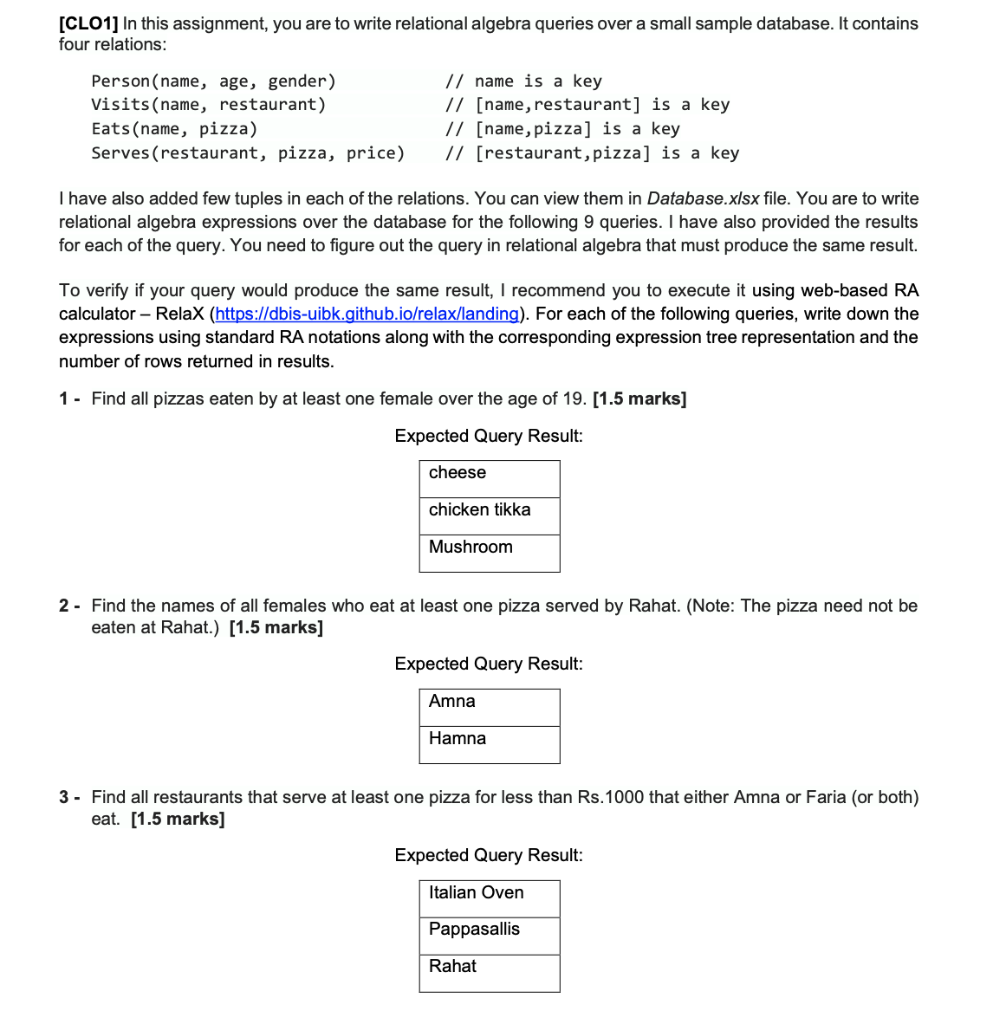 Clo1 In This Assignment You Are To Write Relational Algebra Queries Over A Small Sample Database It Contains Four Re 1