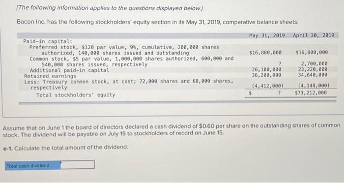The Following Information Applies To The Questions Displayed Below Bacon Inc Has The Following Stockholders Equity 1