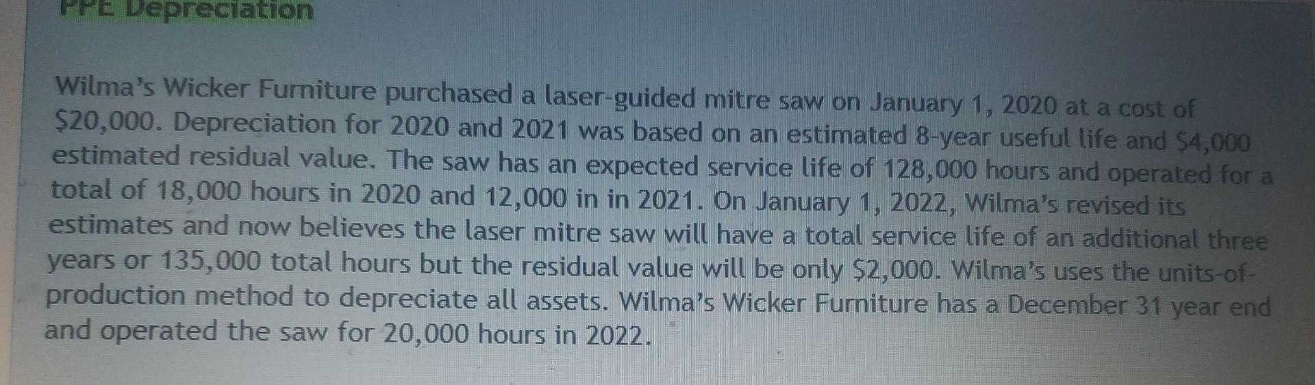 Ppe Depreciation Wilma S Wicker Furniture Purchased A Laser Guided Mitre Saw On January 1 2020 At A Cost Of 20 000 De 1