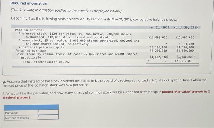 Required Information The Following Information Applies To The Questions Displayed Below Bacon Inc Has The Following 1
