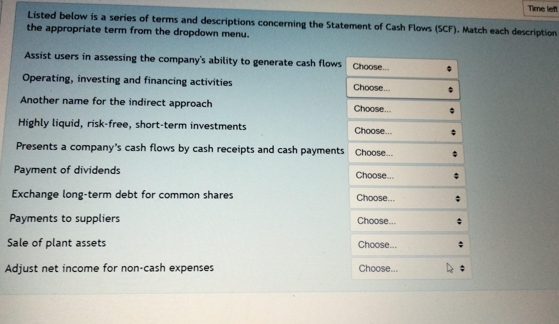 Listed Below Is A Series Of Terms And Descriptions Concerning The Statement Of Cash Flows Scf Match Each Description 1