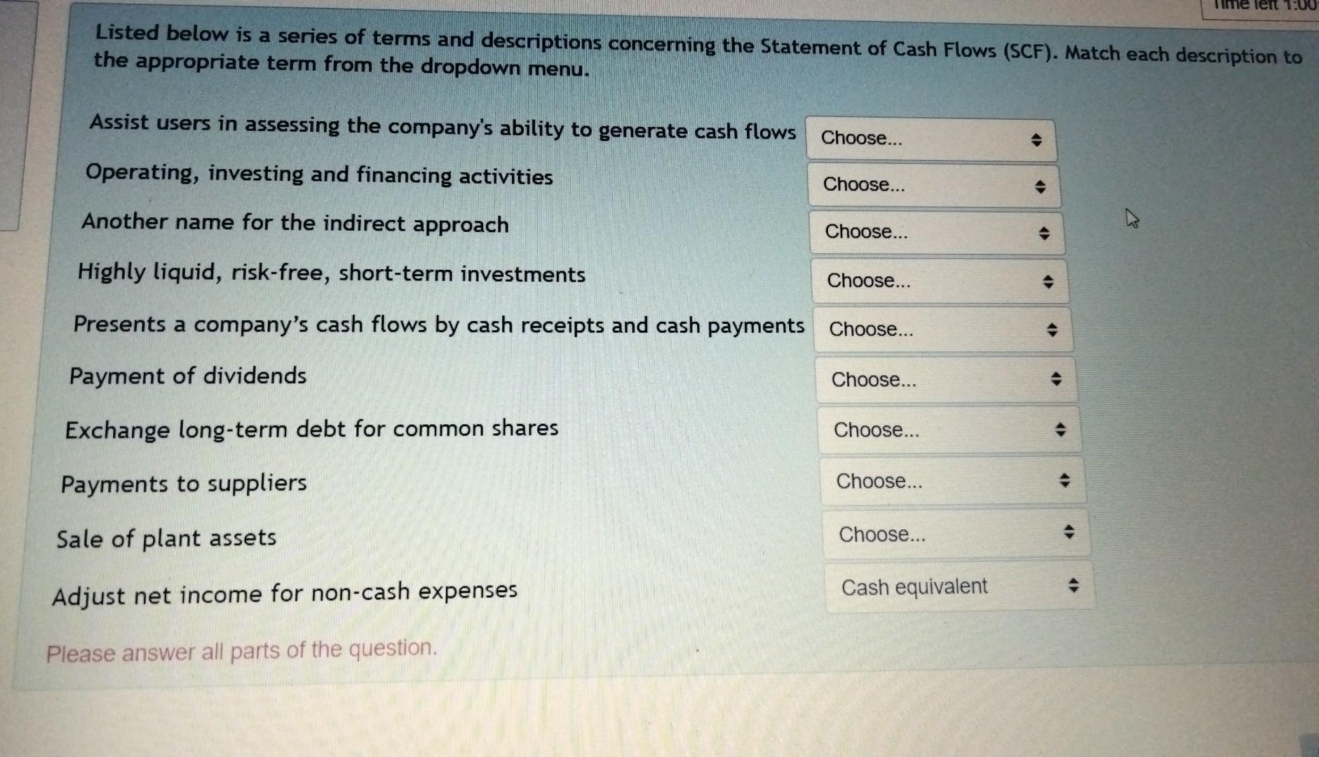 Listed Below Is A Series Of Terms And Descriptions Concerning The Statement Of Cash Flows Scf Match Each Description 2