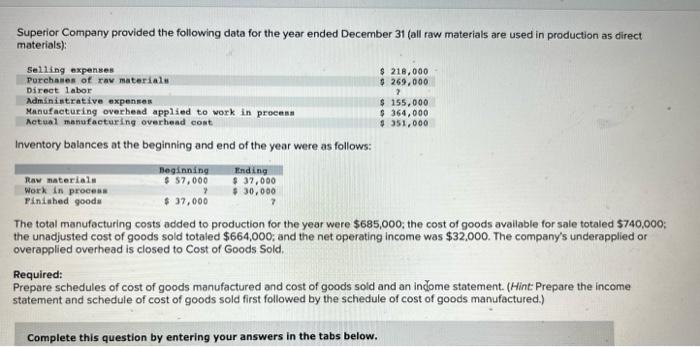 Superior Company Provided The Following Data For The Year Ended December 31 All Raw Materials Are Used In Production As 1