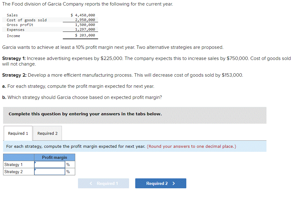 The Food Division Of Garcia Company Reports The Following For The Current Year 4 450 000 2 950 000 1 500 000 1 297 00 1