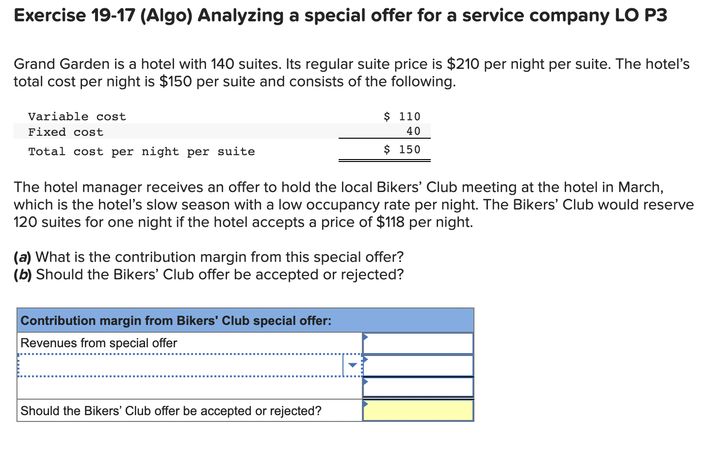 Exercise 19 17 Algo Analyzing A Special Offer For A Service Company Lo P3 Grand Garden Is A Hotel With 140 Suites Its 1