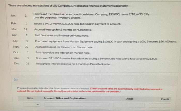 These Are Selected Transactions Of Lily Company Lily Prepares Financial Statements Quarterly Jan 2 Feb Mar Apr July 2