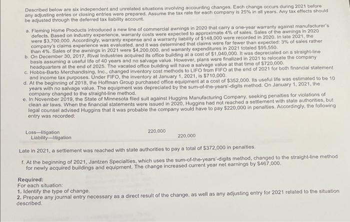 Described Below Are Six Independent And Unrelated Situations Involving Accounting Changes Each Change Occurs During 202 1