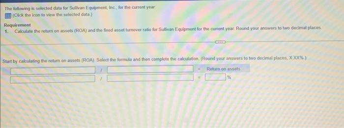 The Following Is Selected Data For Sullivan Equipment Inc For The Current Year Click The Icon To View The Selected 1