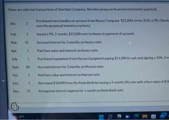 These Are Selected Transactions Of Sheridan Company Sheridan Prepares Financial Statements Quarterly Jan Feb Mar 31 1