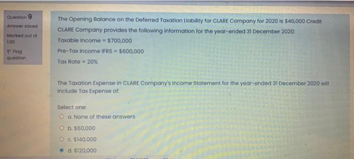 Question 9 Answer Saved Marked Out Of 1 00 Flog Question The Opening Balance On The Deferred Taxation Llability For Clar 1