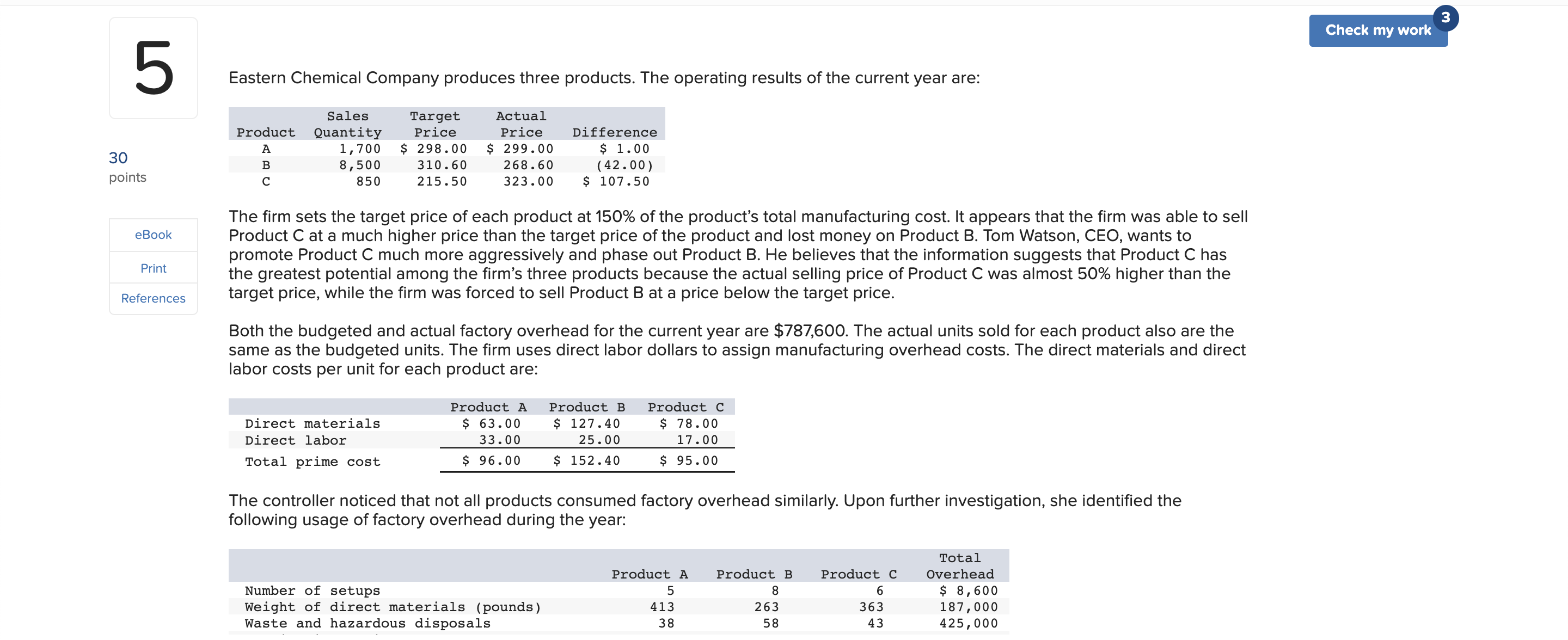 Eastern Chemical Company Produces Three Products The Operating Results Of The Current Year Are Product Sales Quantity 1