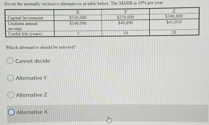 Given The Mutually Exclusive Alternatives In Table Below The Marr Is 10 Per Year Y 250 000 40 690 Capital Investmen 1